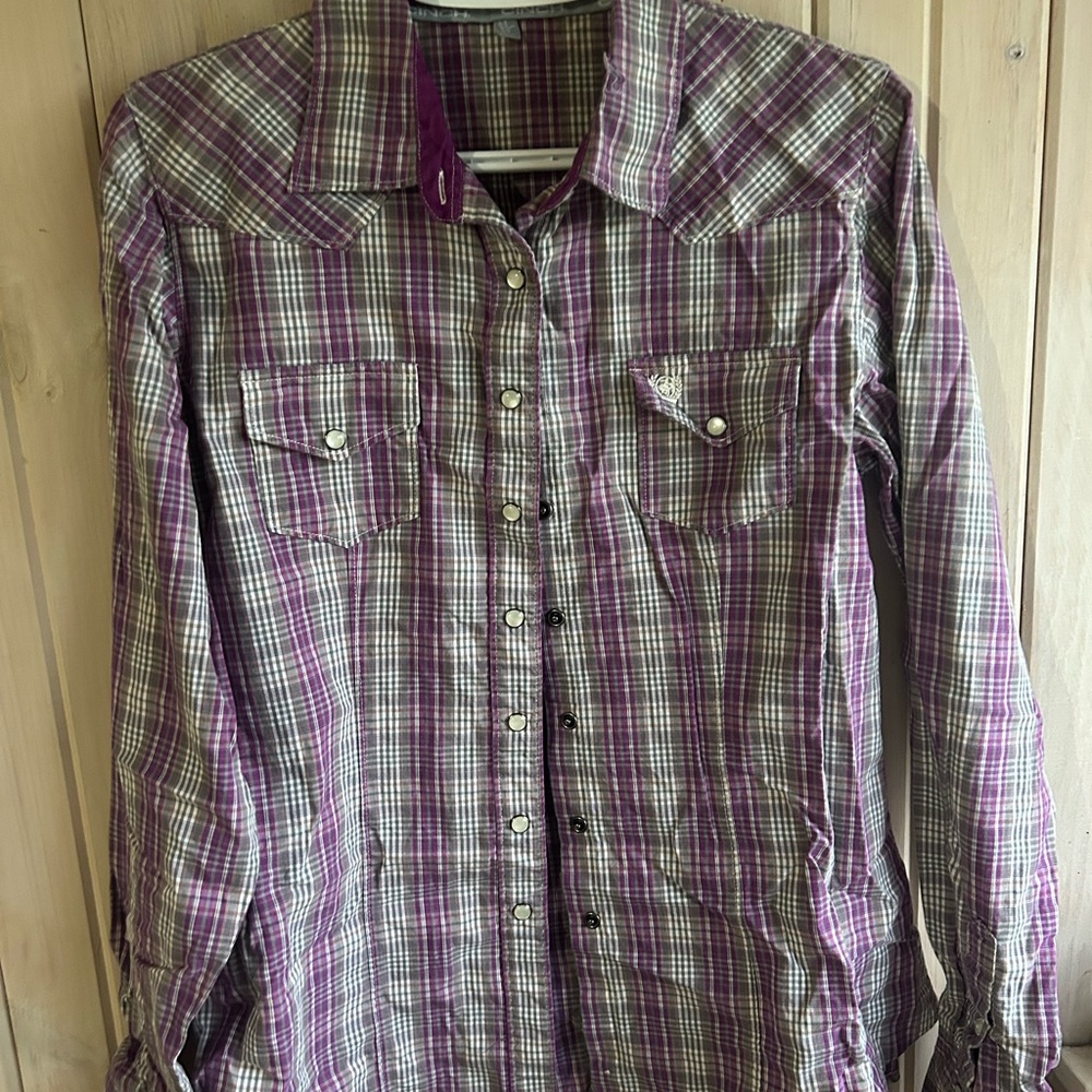 Cinch Purple and Tan Plaid Women's Button Down Shirt